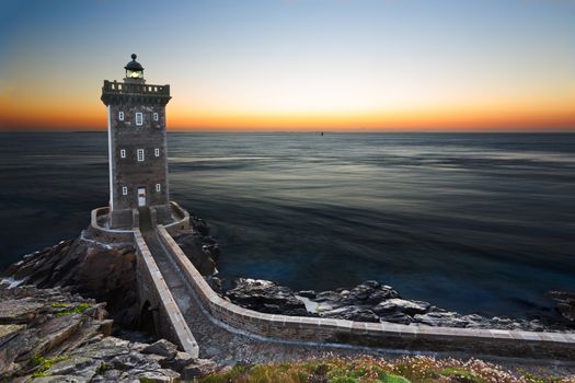 Kermorvan Lighthouse after sunset, Brittany, France