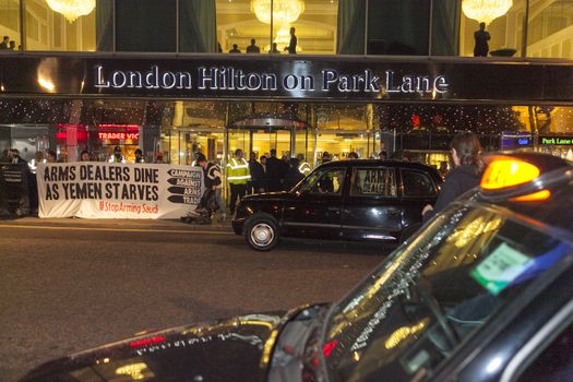 ENGLAND, London: Protesters gathered outside London's Hilton Hotel in Park Lane,  on February 2, 2016.Protesters aim to put pressure on companies and politicians to stop arming Saudi Arabia. The UK Government sold the Saudi's £2.8 billion in the first five months of bombing.