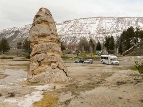 Yellowstone, Wyoming, USA - May 12, 2008:  Liberty Cap - extinct in form of cone - in Mammoth Hot Springs Yellowstone National Park Wyoming USA.