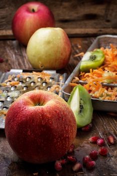 process of rubbing fragrant ripe fruit and carrots fruit salad