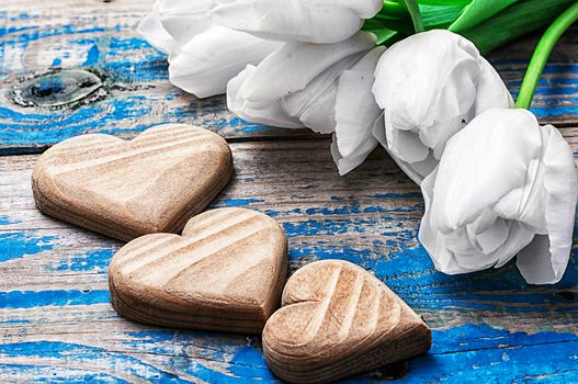 symbolic wooden heart on the background of one white tulip