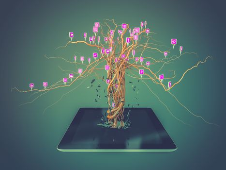 Social media icons set on the root growing out of laptop, concept