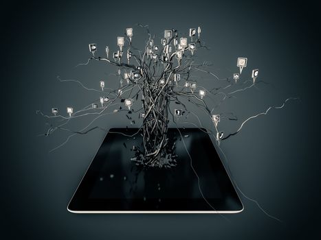 Social media icons set in tree shape on Modern black tablet pc, concept