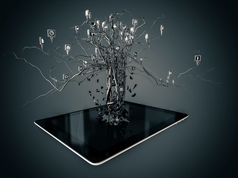 Social media icons set in tree shape on Modern black tablet pc, concept