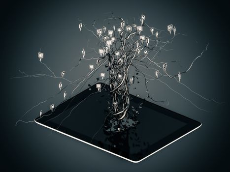Social media icons set in tree shape on Modern black tablet pc, concept