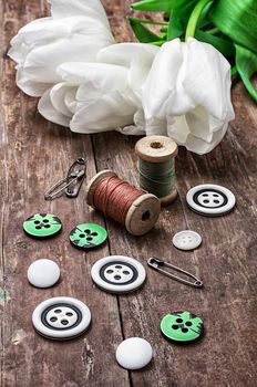 set of sewing accessories from threads and buttons on the background of white tulips