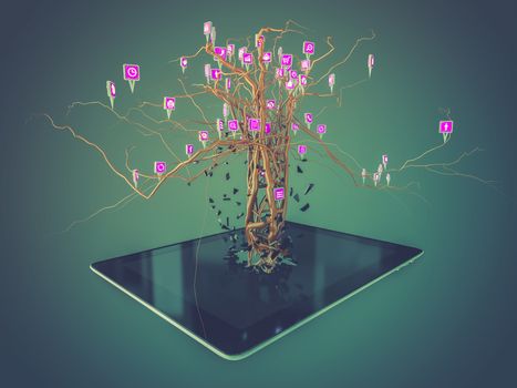 Social media icons set in tree shape on Modern black tablet pc, concept