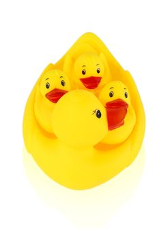 Image of yellow mother duck rubber and ducklings rubber isolated on white background