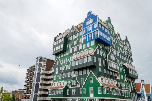 Zaandam, Netherlands - May 5, 2015: Inntel Hotels landmark in Zaandam, Netherlands. Opened in 2009, the design attracts guests by incorporating the traditional architecture of the Zaan region.