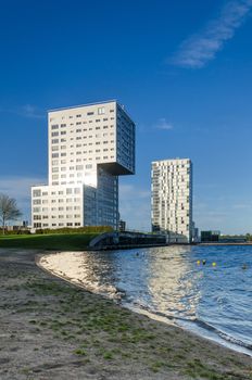 Almere, Netherlands - May 5, 2015: Skyline apartment buildings of Almere Stad, Netherlands - Silverline and Almere Towers