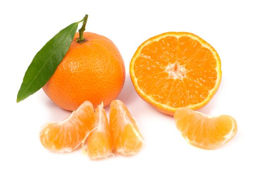 Orange mandarins with green leaf isolated on white background