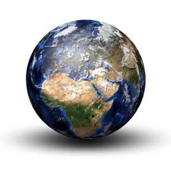 3D image of planet earth with shadow isolated on white. View to Europe and Africa.
