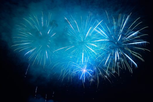 Blue colorful holiday fireworks on the black sky background.