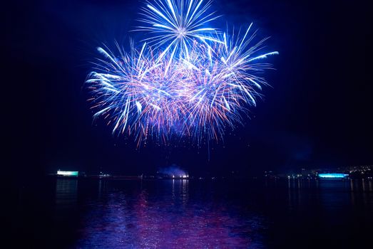 Colorful holiday fireworks on the black sky background.