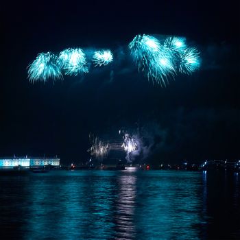 Colorful holiday fireworks on the black sky background.