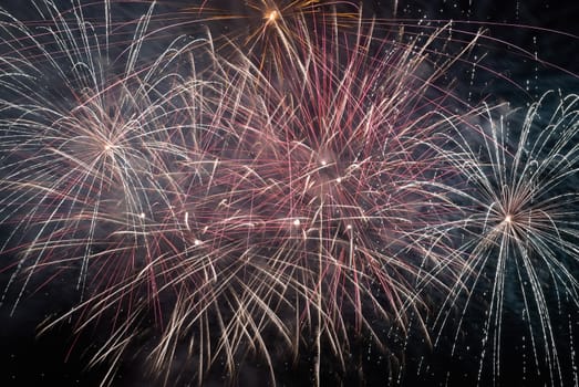 Red colorful holiday fireworks on the black sky background.