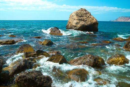 Beautiful sea landscape. Shore, beach and rocks