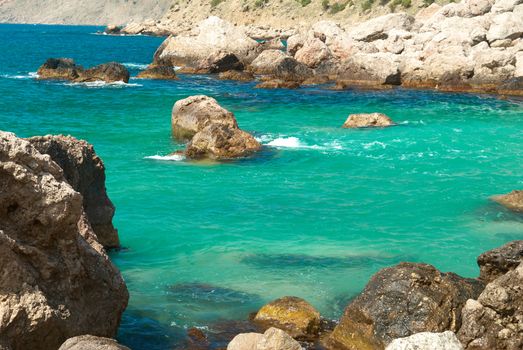 Beautiful tropical sea landscape with shore and rocks.