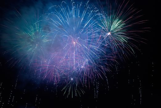 Blue colorful holiday fireworks on the black sky background.