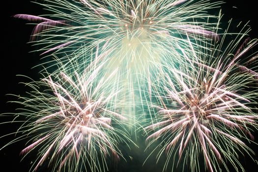 Red colorful holiday fireworks on the black sky background.