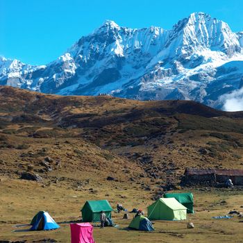 Top of High mountains, covered by snow. Kangchenjunga, India.