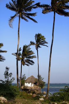 Zanzibar, Tanzania - January 7, 2016: Small restaurant on top of the rock (The Rock). It is located south east of the island, on the Michamwi Pingwe peninsula. Zanzibar, Tanzania