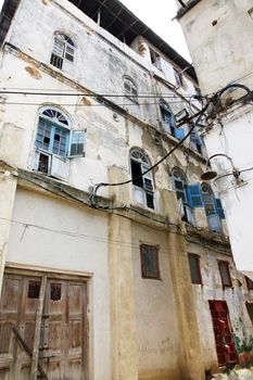 Messy electricity cables in African city Stone Town, Zanzibar.