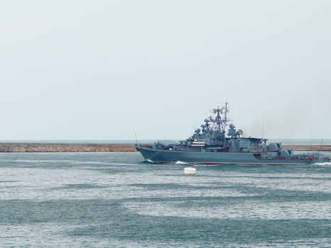 Russian warship go out from the bay.