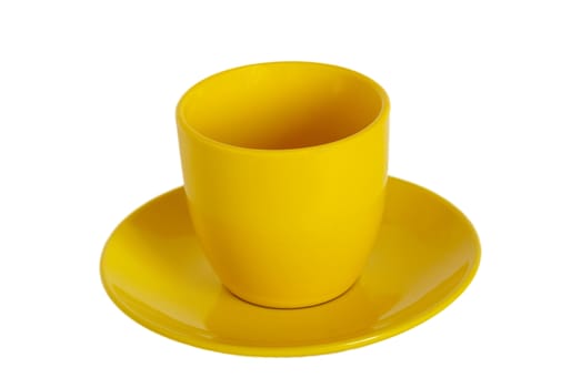 Yellow tea cup and saucer on white background.