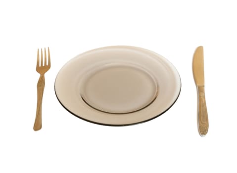 Dinner Plate, Knife, and Fork isolated on white.