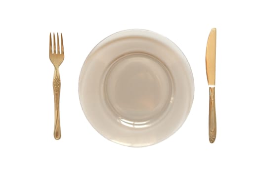 Dinner Plate, Knife, and Fork isolated on white.