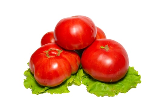 Big red tomatoes with lettuce isolated on white.