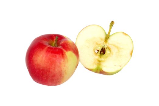 Red fresh apple and half isolated on white.