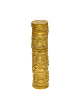 Stacks of golden coins isolated on white.