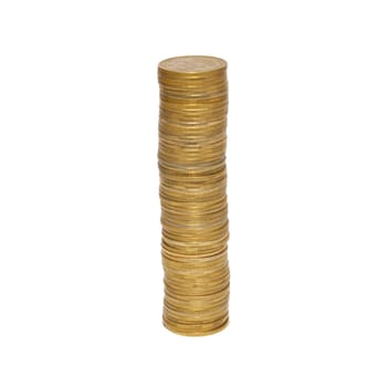 Stacks of golden coins isolated on white.