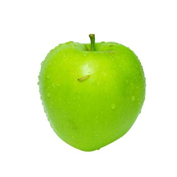 Green apple with caterpillar isolated on white.