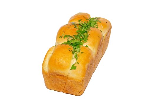 Golden fresh bread with greens isolated on white.