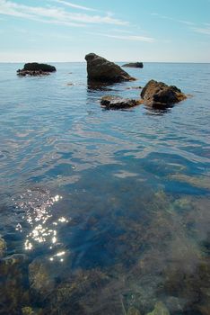 Sea landscape with rocks and water surface.