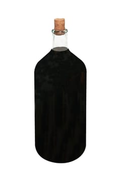 Old bottle with red wine isolated on white.