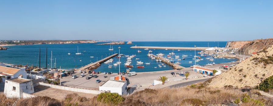 Panoramic view of old port in Sagres with traditional fishing boats, Algarve, Portugal