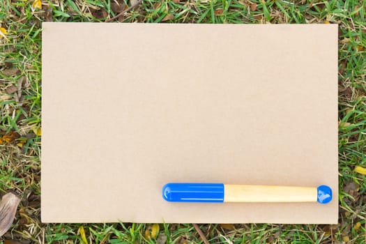 Blank notebook on the grass with blue pen in the park. View from above