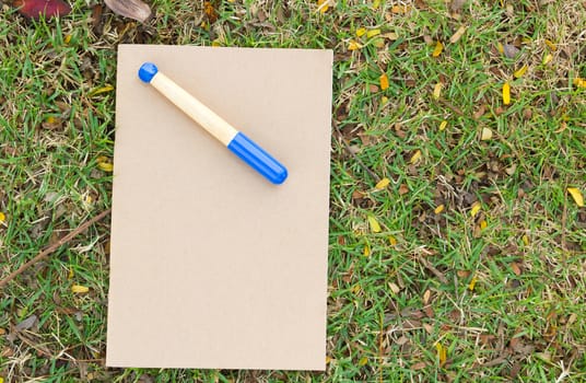 Blank notebook on the grass with blue pen in the park. View from above