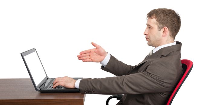 Businessman working on laptop with empty screen isolated on white background