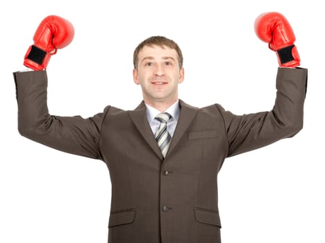 Happy businessman with arms up in red boxing gloves  isolated on white background