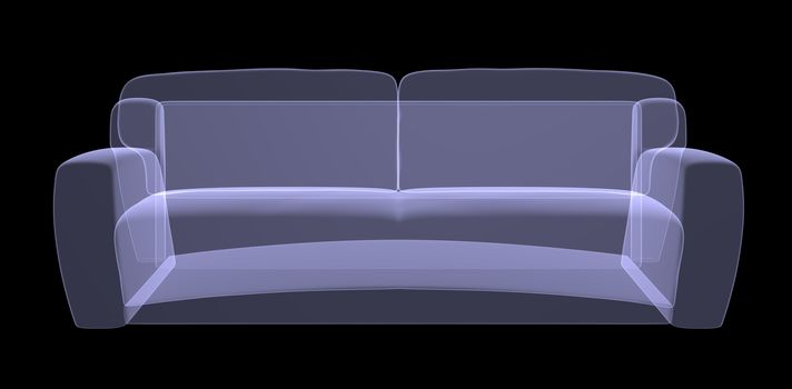 Sofa xray on black background, front view