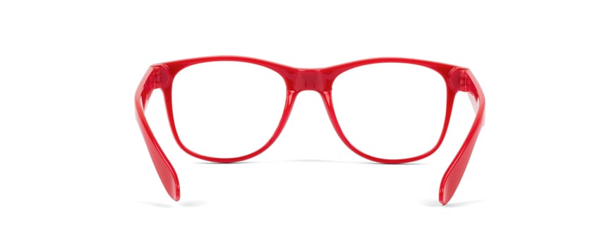 Pair of red eyeglasses isolated on white background, closeup