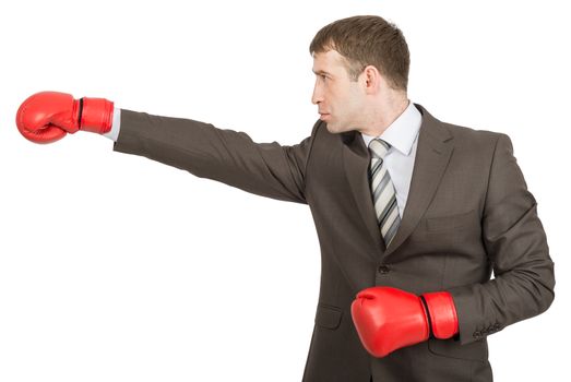 Businessman in boxing gloves isolated on white background, side view