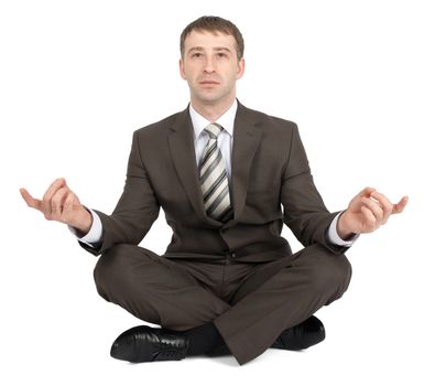 Businessman sitting in lotus posture isolated on white background, front view