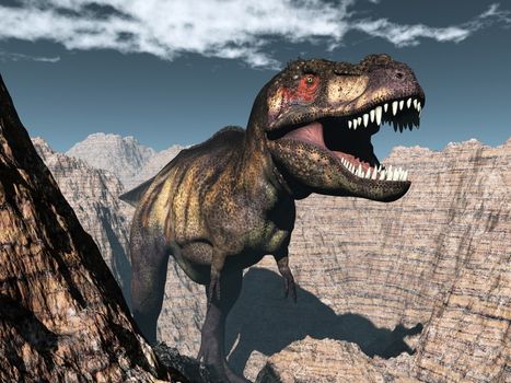 Tyrannosaurus rex roaring in a canyon - 3D render