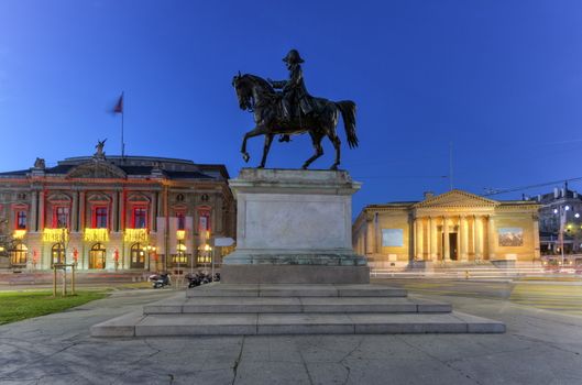 General Dufour statue, grand opera and Rath museum at place Neuve by night, Geneva, Switzerland